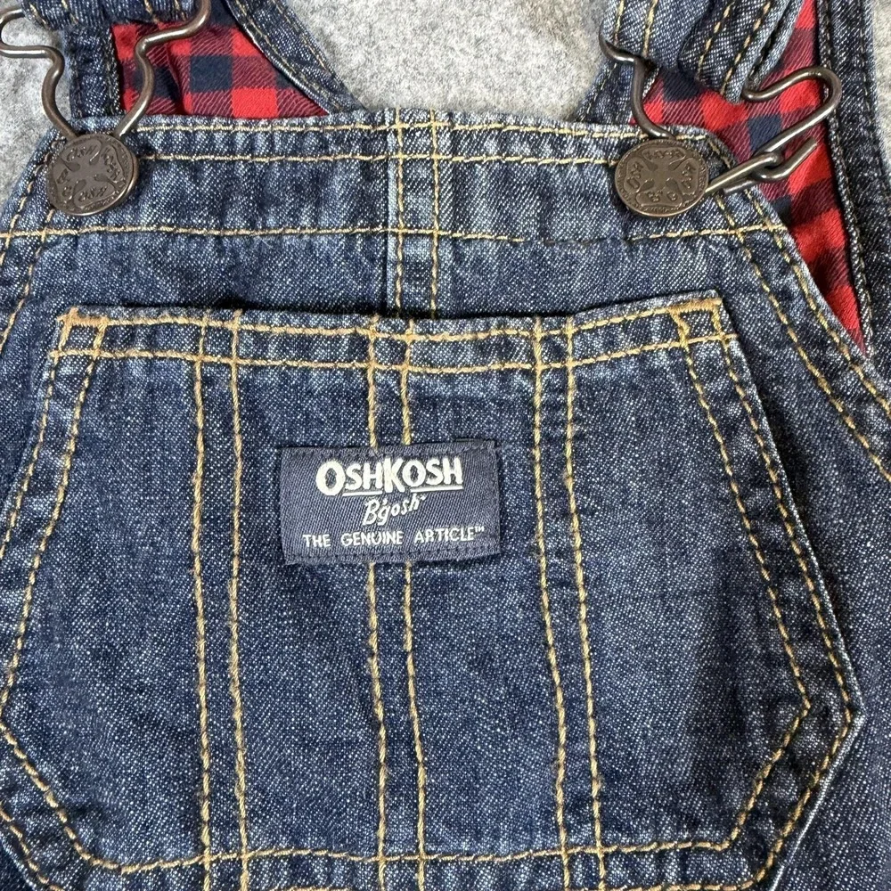 OshKosh B'gosh Overalls Kids 2T Blue Denim Lined Bib Jeans Plaid Flannel